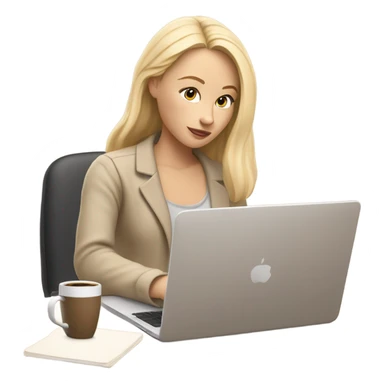 A blonde girl working on her laptop in a beige aesthetic setting. The scene features soft, warm tones with minimalist decor, such as a neutral beige desk, a simple coffee cup, and subtle lighting that complements the calming and modern atmosphere. sticker