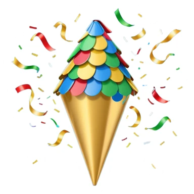 A small cone-shaped party popper tilted to the side, usually gold or yellow with diagonal stripes. It bursts open at the top, releasing colorful confetti and streamers in blue, red, yellow, or green. Represents celebrations, parties, excitement, or congratulations. sticker