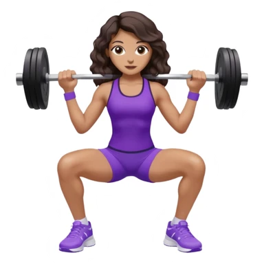 mujer de tez trigueña, con cabello castaño oscuro ondulado con pequeñas ondas, con el cabello super largo hasta las rodillas estilizado, con ropa deportiva morada/lila, tenis blancos deportivos y levantando una pesa sticker