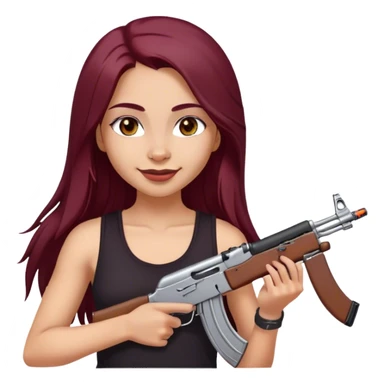 emoji of girl with an ak47 in hand with a black tank top, smiling with maroon dark long hair in a middle part with straight nose hazel eyes medium perfect eye brows with  a nose ring silver on the right nostril  sticker