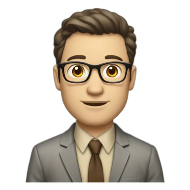in front of a marker board Pale skinned fit man with dark brown hair in gray jacket, beige office shirt, brown tie, brown pants and vintage glasses. sticker
