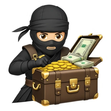 Sneaky ninja character with a treasure briefcase of gold coins and bills sticker