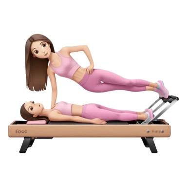 pretty skinny white brunette teen long hair with hazel eyes and a small waist in light pink workout clothes in a plank on a pilates reformer sticker