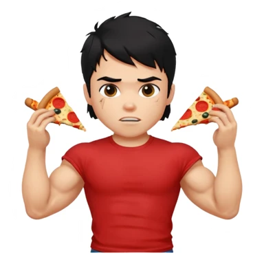 generate a pretty fair bratz boy with a messy mullet (black hair), wearing a red tshirt. eating pizza. He has big biceps and ripped sticker