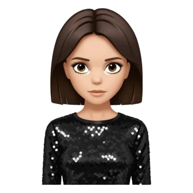 Victoria Beckham from Spice Girls with medium dark brown hair, black sequin outfit sticker
