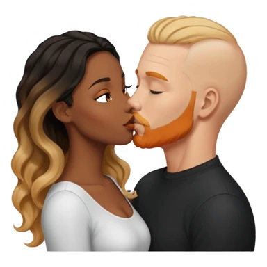 ebony black women with long brown/black wavy hair with blonde balayage highlights kissing bald white man. White man has orange facial hair sticker