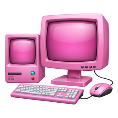shiny pink translucent 90s computer with CRT monitor, keyboard, PC tower, mouse sticker