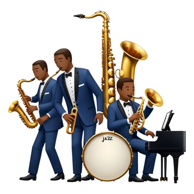 Icon for Jazz Music: The Jazz Messengers, featuring a dynamic composition with Art Blakey on drums and musicians playing saxophone, trumpet, and piano. Musical notes and a warm jazz club atmosphere emphasize the vibrant hard bop style. Transparent background. sticker