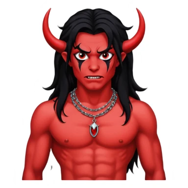 Satan with red skin, long black hair, black sequin baggy pants, shirtless with necklace sticker