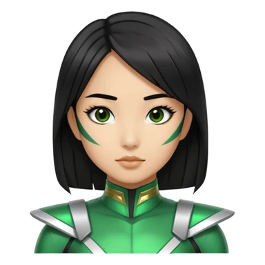 wasian girl in a green Power Ranger suit, black straight hair, black eyes sticker