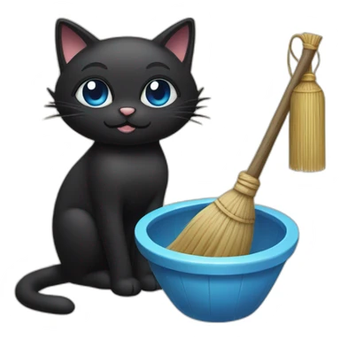 a black cat with blue eyes who sits in a village bathhouse with an oak broom and drinks kvassa broom sticker