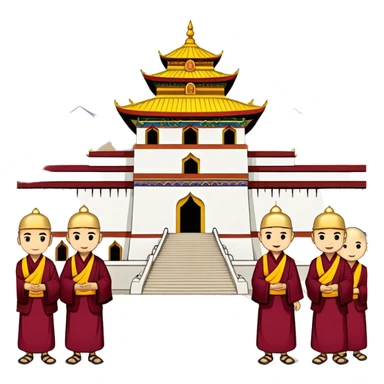 Lhasa Jokhang Temple Tibet with pilgrims, simplified emoji style with bold outlines and bright colors, cartoon style golden roof temple sticker