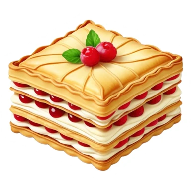 mille-feuille-cinematic-realistic-mille-feuille-dessert-emoji,-depicted-as-a-rectangular delicate-pastry-composed-of-two-crisp-layers-of-puff-pastry-with-a-rich-cream-filling,-rendered-with-intricate-textures-and-elegant,-soft-lighting. Please only show two layers only. sticker