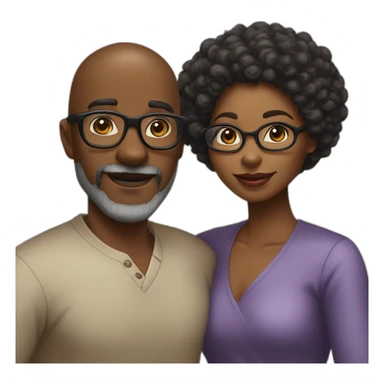 ebony couple; subject 1 is bald wearing thick framed glasses and a low cut well manicured grey beard, subject 2 is a pretty ebony woman with almond eyes and a afro, the couple is hugging sticker
