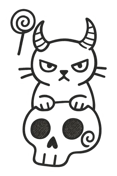 Add the iconic lollipop from the Trick 'R Treat movie hanging from one of the cat's demon horns, hand drawn style with sketchy lines, no fill, preserve the red spiral on the skull, transparent background. sticker