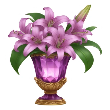 A luxurious bouquet of violet lilies in an ornate Pink crystal vase, placed on an antique wooden table with soft candlelight reflecting off its petals. sticker