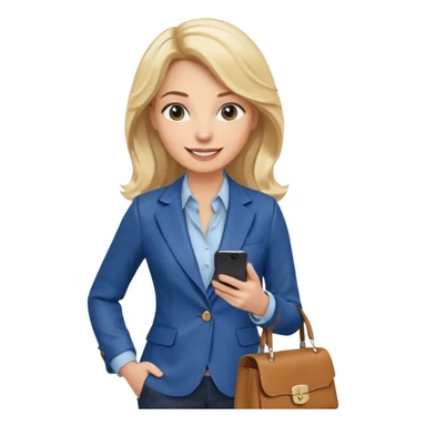 Confident and outgoing female entrepreneur, Caucasian features, medium-length wavy blonde hair, big friendly smile, expressive eyes, wearing a fitted blue blazer over a light blouse, holding a smartphone in one hand and a leather handbag in the other, waist-up, front-facing sticker