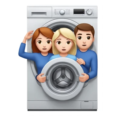 Eine Frau mit dem Kopf  in der Waschmaschine feststeckt und zwei Männer die hinten an ihr ziehen um ihr zu helfen  sticker