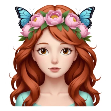 Woman with long flowing auburn hair wearing a pastel flower crown with big peonies and roses and butterflies in it sticker