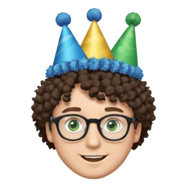 A white guy with curly brown hair and green eyes with a happy face, and wear square black glasses.He’s also got a full silver birthday party hat on his head with blue pom poms on top of it, and his T-shirt is all black, he wears a little gold circle earrings on his left  sticker