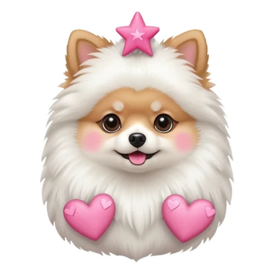 A Pomeranian holding a pink star with hearts sticker
