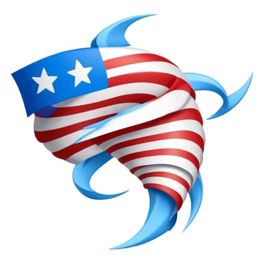 Crear un emoji de un Ciclon o Tornado en forma de embudo espiral que tenga 2 banderas  cruzadas sobre el emoji del Ciclon o Tornado. La bandera debe ser de color rojo y azul. Cada una de las banderas debe tener 2 lineas horizontales de color rojo y 2 lineas horizontales de color azul. sticker