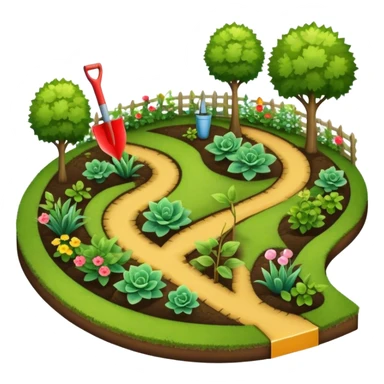 Icon for Landscape Design: a garden layout with plants, trees, paths, and design tools like a spade, pencil and measuring tape. The icon should represent creativity in outdoor space planning and gardening. Transparent background. sticker