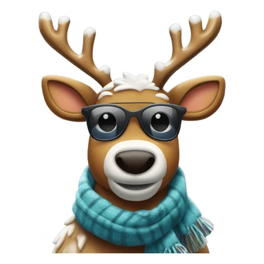 “A cool reindeer with sleek antlers wrapped in Christmas lights, wearing sunglasses and a scarf, in a snowy setting.” sticker