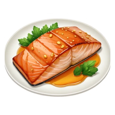 create a Honey Glazed Salmon

Camera angle: slightly elevated top-down view with a gentle bird’s-eye perspective (about 15–20°), identical perspective and scaled do not add anything  on plate  sticker