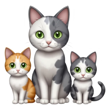 3 different coloured small cats including a dark grey and white, and a patchy calico with hazel eyes and a completely solid dark grey with green eyes and only white paws sticker