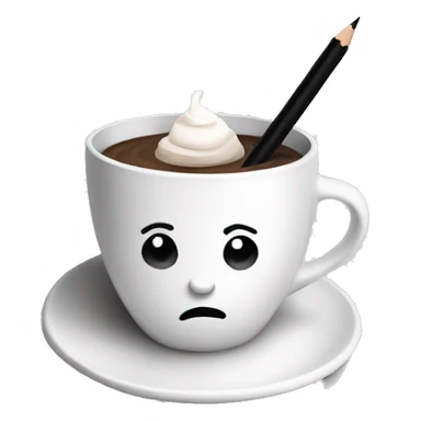 White handmade cup with a black pencil abstract drawing. Inside is hot chocolate  sticker