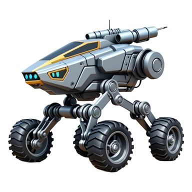 Futuristic jumping four-wheel armored canine sporty self-balancing massive mech trail assault vehicle motor-in-wheel side-hill leaning actively robotically articulating hydraulic independent suspended pod gimbal defender mech off-road racing rover with large fast engine basher crawler megatron  sticker