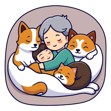 Create a short hair gray hair girl and a brown hair boy sleeping cuddling with a shiba and a Yorkshire terrier and a jack Russel terrier  sticker