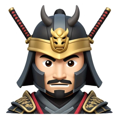 clash-of-clans-aesthetic_-cinematic-fearsome-and-majestic-samurai-bust-portrait-emoji, rendered in a flat, vector-style with minimal shading and bold, simplified shapes typical of emoji art, depicting a battle-hardened samurai with black mask and traditional black Japanese armor. The samurai is riding a noble grey warhorse adorned with an intricately designed saddle and fluttering banners and a rising sun. a samurai riding on a  horse zoomed in sticker