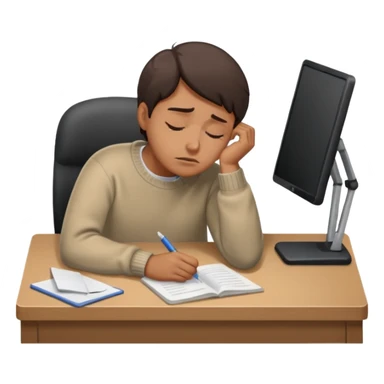 A person wearing a jumper experiencing burnout, exhausted and overwhelmed, tired eyes, slumped posture, sitting at a desk, iOS emoji style sticker