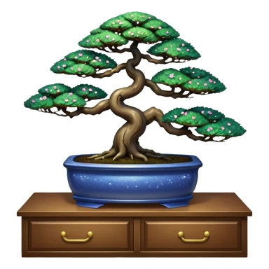 Shiny sparkly glittery beautiful elegant pretty precious divine Japanese bonsai tree in a pot on a dresser beautiful aesthetic scenery  sticker
