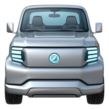 A futuristic electric pickup truck emoji, silver chrome body, angular cyber design, smooth metallic panels, subtle reflections, minimalistic proportions, iOS emoji style, centered composition, clean white background, soft lighting sticker