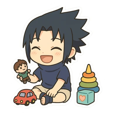Kid Sasuke, playing with toys with a bright smile, adorable chibi sticker, innocent version of Sasuke sticker