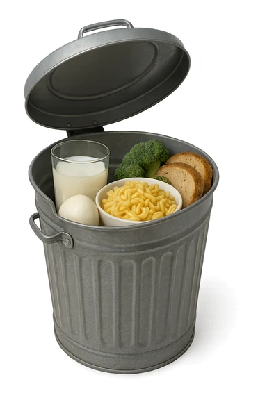 SECCHIO DELLA SPAZZATURA DENTRO CUI CADE UNA MOZZARELLA, UN BICCHIERE DI LATTE, UNA BOWL DI PASTA, QUALCHE BROCCOLO, QUALCHE FETTINA DI PANE sticker