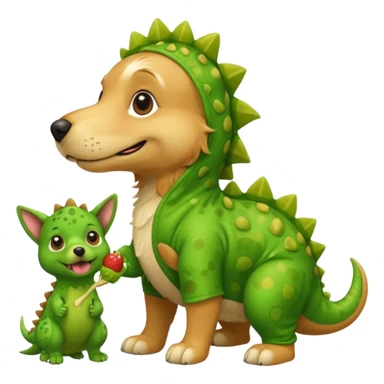 a golden retriever with a dinosaur costume thats eating a chihuahua thats in a dinosuar costume sticker