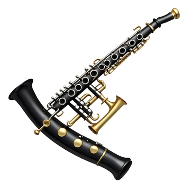 Create an elegant and detailed emoji representing a clarinet. The design should feature the sleek, black wood finish of the clarinet with its shiny metal keys clearly visible. Highlight the intricate details, such as the bell at the end and the carefully crafted mouthpiece with the reed. Use black wood tones for the body of the instrument and silver or brass accents for the keys. Add subtle musical notes or soundwaves floating around the instrument to evoke the smooth, melodic sound of the clarinet. The background should be transparent. sticker