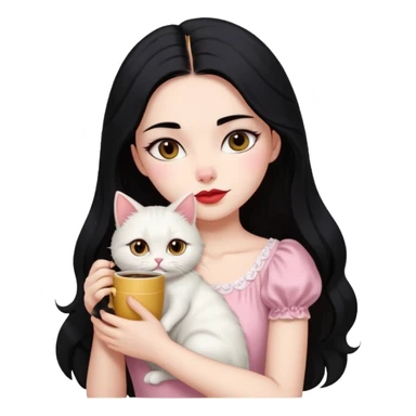 Beautiful Girl Long Hair black, Brows Big , Skin White, Dress Pale Pink , Big Red Lips, EyesCoffe , Hug Little baby Persa Cream Cat With Cute Eyes sticker