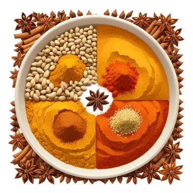 cluster of three loose spices turmeric paprika cumin distinct textures vibrant earthy colors side by side no bowls jars faces clean 3D soft lighting transparent background emoji scale sticker