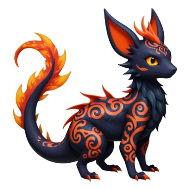 Shiny Fiery Dark Ugly Evil Realistic Glowing Eldritch Horror Cool Edgy Badass Emo Glorious Demonic Batty Dusky Ethereal Sparkly Shimmering Magical Punky Aural Iridescent Fluorescent Bioluminescent Litten-Amaura-Salandit-Noibat-Flareon-Fakémon-fusion (full body) with intricate pattern markings sticker
