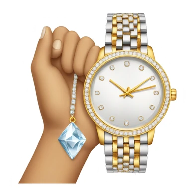 A hand holding up a diamond watch on its wrist sticker