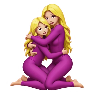 One figure is dark magenta and is kneeling.
	•	The other figure is yellow with long hair and is being held, with their arms around the magenta figure’s neck.
	•	The yellow figure’s legs wrap around the magenta figure’s waist, suggesting a close, intimate embrace. sticker