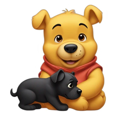 Winnie the Pooh with a black small dog who has a White spot on the stomach sticker