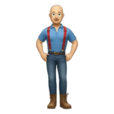A bald man in dr martense boots, a polo shirt, jeans and red suspenders sticker