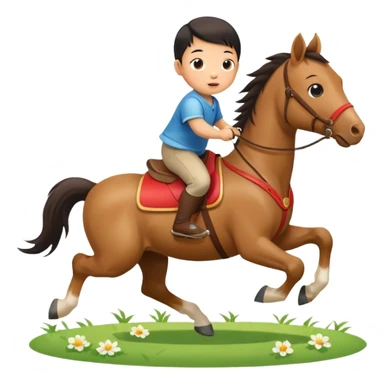 l little chinese baby riding on a  cute horse running really fast on the grass with 2026 year's label sticker