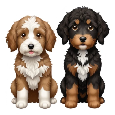 2 dogs: one light brown Aussiedoodle, one all-black Bernedoodle with white eyebrows some white markings, no brown . Both same size. sticker